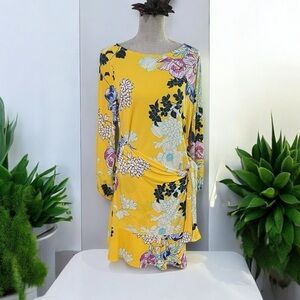 BEIGE by ECI Yellow floral dress w/bell sleeves sz Large